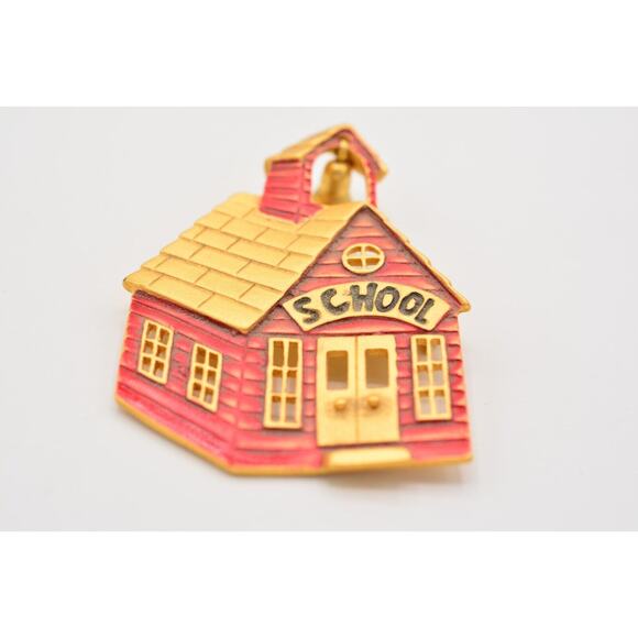 Tara Vintage School Pin Brooch Red Enamel Brushed Gold Signed 1980s Bin4 - Picture 5 of 12